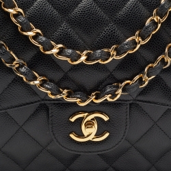 Pre Owned Chanel Black Quilted Caviar Leather Jumbo Classic Double Flap Bag
