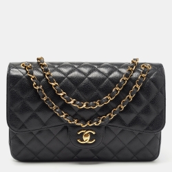 Pre Owned Chanel Black Quilted Caviar Leather Jumbo Classic Double Flap Bag