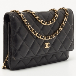 Pre Owned Chanel Black Quilted Lambskin Leather WOC Clutch Bag