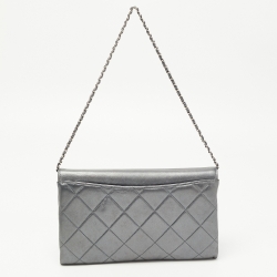 Pre Owned Chanel Metallic Grey Quilted Leather Retro Label Flap Bag