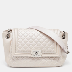 Pre Owned Chanel Pearl Beige Quilted Leather Boy Accordion Flap Bag