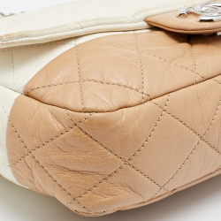 Pre Owned Chanel White/Beige Quilted Leather Medium Single Flap Bag