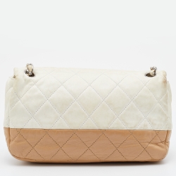 Pre Owned Chanel White/Beige Quilted Leather Medium Single Flap Bag