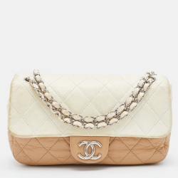 Pre Owned Chanel White/Beige Quilted Leather Medium Single Flap Bag