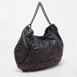 Pre Owned Chanel Black Tweed and Leather Coco Pleats Hobo