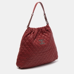 Pre Owned Chanel Red Quilted Caviar Leather CC Drawstring Hobo