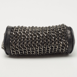 Pre Owned Chanel Black Leather Chain Links Barrel Clutch Bag