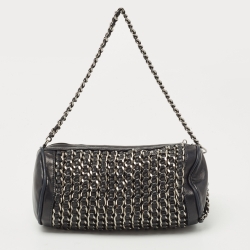 Pre Owned Chanel Black Leather Chain Links Barrel Clutch Bag