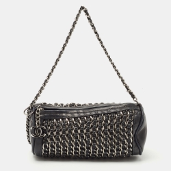Pre Owned Chanel Black Leather Chain Links Barrel Clutch Bag