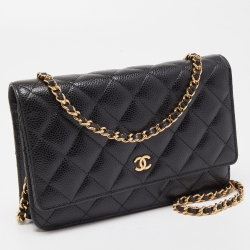Pre Owned Chanel Black Quilted Caviar Leather WOC Clutch
