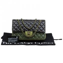 Pre Owned حقيبة شانيل قلا ب مزدوج كلاسيك متوسطة جلد مبطنة ثلاثية اللون