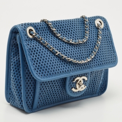 Pre Owned Chanel Blue Perforated Leather Up in the Air Classic Flap Bag