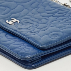 Chanel Blue Leather Camellia Wallet on Chain