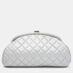Pre Owned Chanel Silver Quilted Caviar Leather Timeless Clutch
