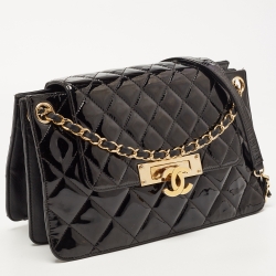 Pre Owned Chanel Black Quilted Patent Leather Golden Class Accordion Flap Bag