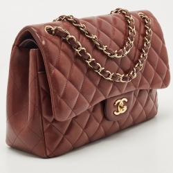Pre Owned Chanel Burgundy Quilted Lambskin Leather Jumbo Classic Double Flap Bag