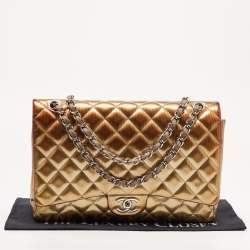 Pre Owned Chanel Olive Green Quilted Striped Patent Leather Maxi Classic Double Flap Bag