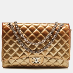 Pre Owned Chanel Olive Green Quilted Striped Patent Leather Maxi Classic Double Flap Bag