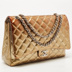 Pre Owned Chanel Olive Green Quilted Striped Patent Leather Maxi Classic Double Flap Bag