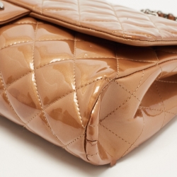 Pre Owned Chanel Beige Quilted Patent Leather Classic Flap Shoulder Bag
