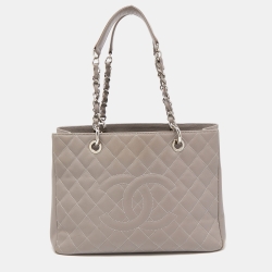 Pre Owned Chanel Grey Quilted Caviar Leather GST Shopper Tote