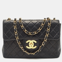 Pre Owned Chanel Black Quilted Lambskin Leather Jumbo Classic Single Flap Bag