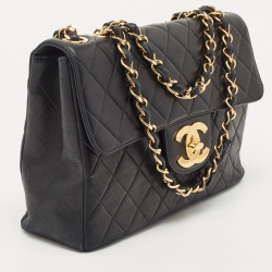 Pre Owned Chanel Black Quilted Lambskin Leather Jumbo Classic Single Flap Bag