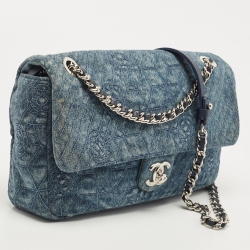 Chanel Blue Denim Camellia Embroidered Denim CC Flap Bag