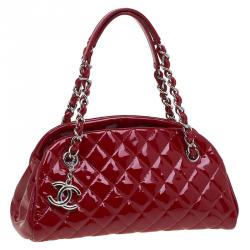 Pre Owned Chanel Red Quilted Patent Leather Small Just Mademoiselle Bowling Bag