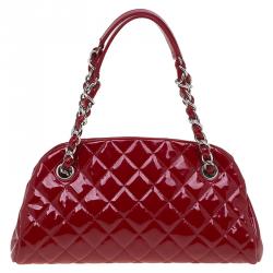 Pre Owned Chanel Red Quilted Patent Leather Small Just Mademoiselle Bowling Bag