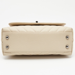 Pre Owned Chanel Light Beige Quilted Caviar Leather Small Coco Top Handle Bag
