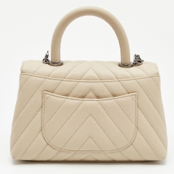 Pre Owned Chanel Light Beige Quilted Caviar Leather Small Coco Top Handle Bag