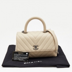 Pre Owned Chanel Light Beige Quilted Caviar Leather Small Coco Top Handle Bag