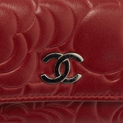 Chanel Red Camellia Embossed Leather CC Flap Card Case 