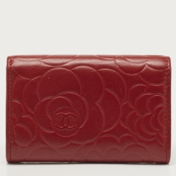 Chanel Red Camellia Embossed Leather CC Flap Card Case 