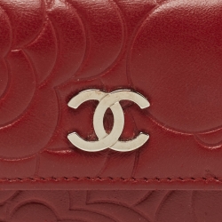 Chanel Red Camellia Embossed Leather CC Flap Card Case 