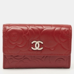 Chanel Red Camellia Embossed Leather CC Flap Card Case 