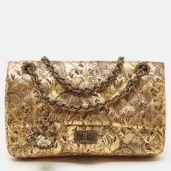 Pre Owned Chanel Gold Quilted Printed Leather Limited Edition Reissue 2.55 Flap Bag