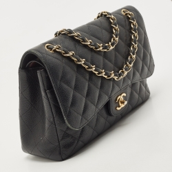 Pre Owned Chanel Black Quilted Caviar Leather Jumbo Classic Double Flap Bag