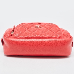 Pre Owned Chanel Coral Red Caviar Leather CC Front Pocket Cosmetic Pouch