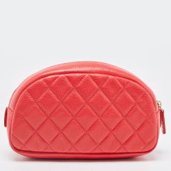 Pre Owned Chanel Coral Red Caviar Leather CC Front Pocket Cosmetic Pouch