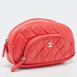 Pre Owned Chanel Coral Red Caviar Leather CC Front Pocket Cosmetic Pouch