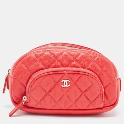 Chanel Coral Red Caviar Leather CC Front Pocket Cosmetic Pouch Chanel