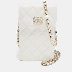 Pre Owned Chanel White Quilted Leather CC Pearl Phone Case Crossbody Bag