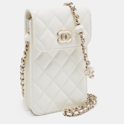 Pre Owned Chanel White Quilted Leather CC Pearl Phone Case Crossbody Bag