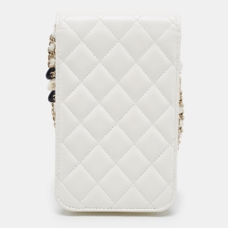 Pre Owned Chanel White Quilted Leather CC Pearl Phone Case Crossbody Bag