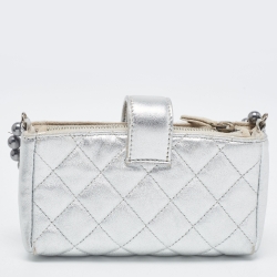 Pre Owned Chanel Silver Quilted Leather O-Phone Holder with Pearl Chain