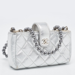 Pre Owned Chanel Silver Quilted Leather O-Phone Holder with Pearl Chain