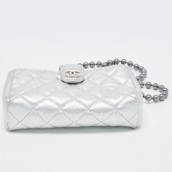Pre Owned Chanel Silver Quilted Leather O-Phone Holder with Pearl Chain