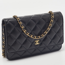Chanel Black Quilted Caviar Leather Classic Wallet on Chain